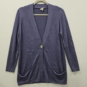 J Jill Purple Cardigan Sweater Size Medium One Button Viscose Wool Blend Pockets